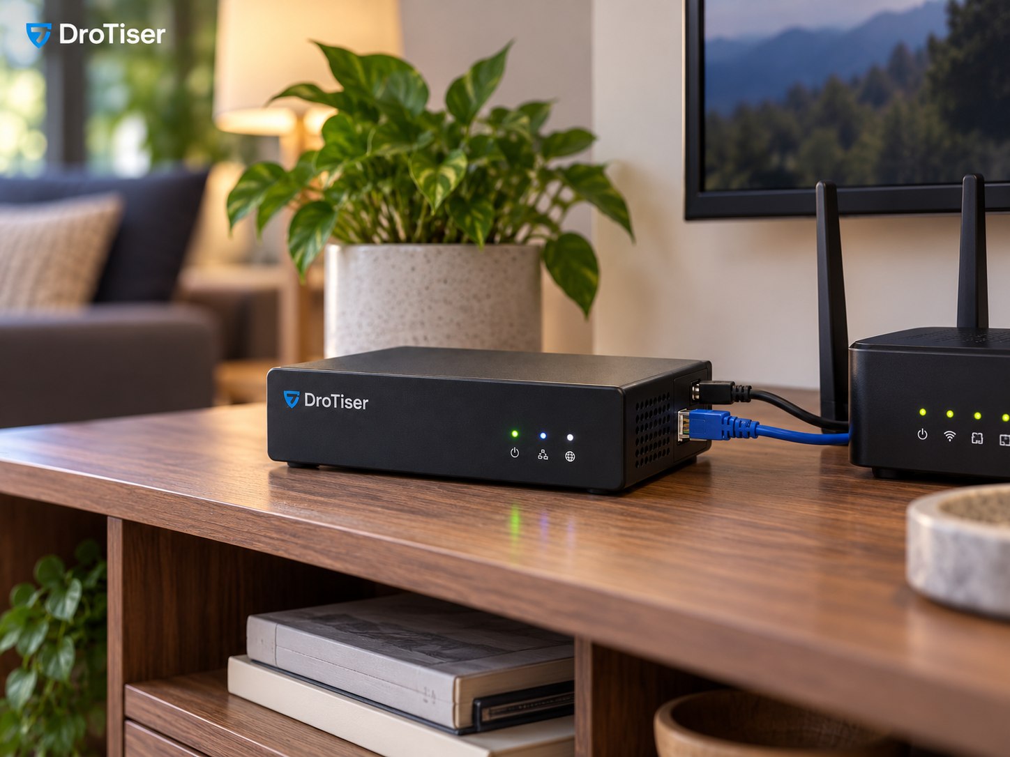 DroTiser device beside a home Wi-Fi router, connected with Ethernet cables