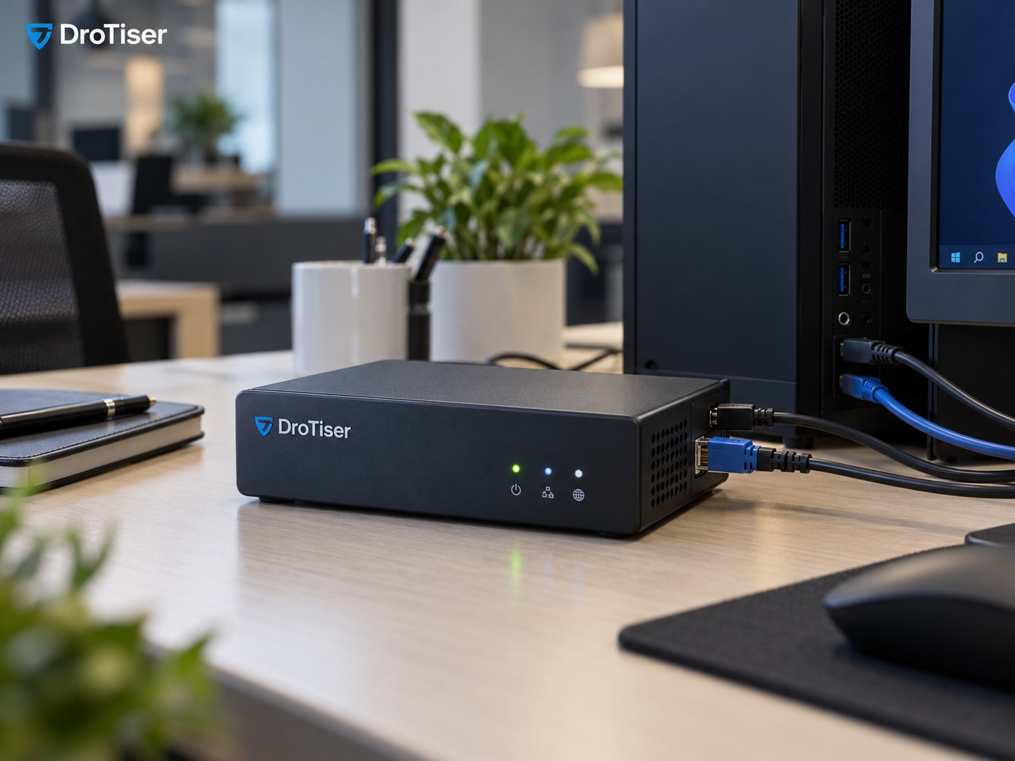 DroTiser device placed beside a desktop PC in a modern office