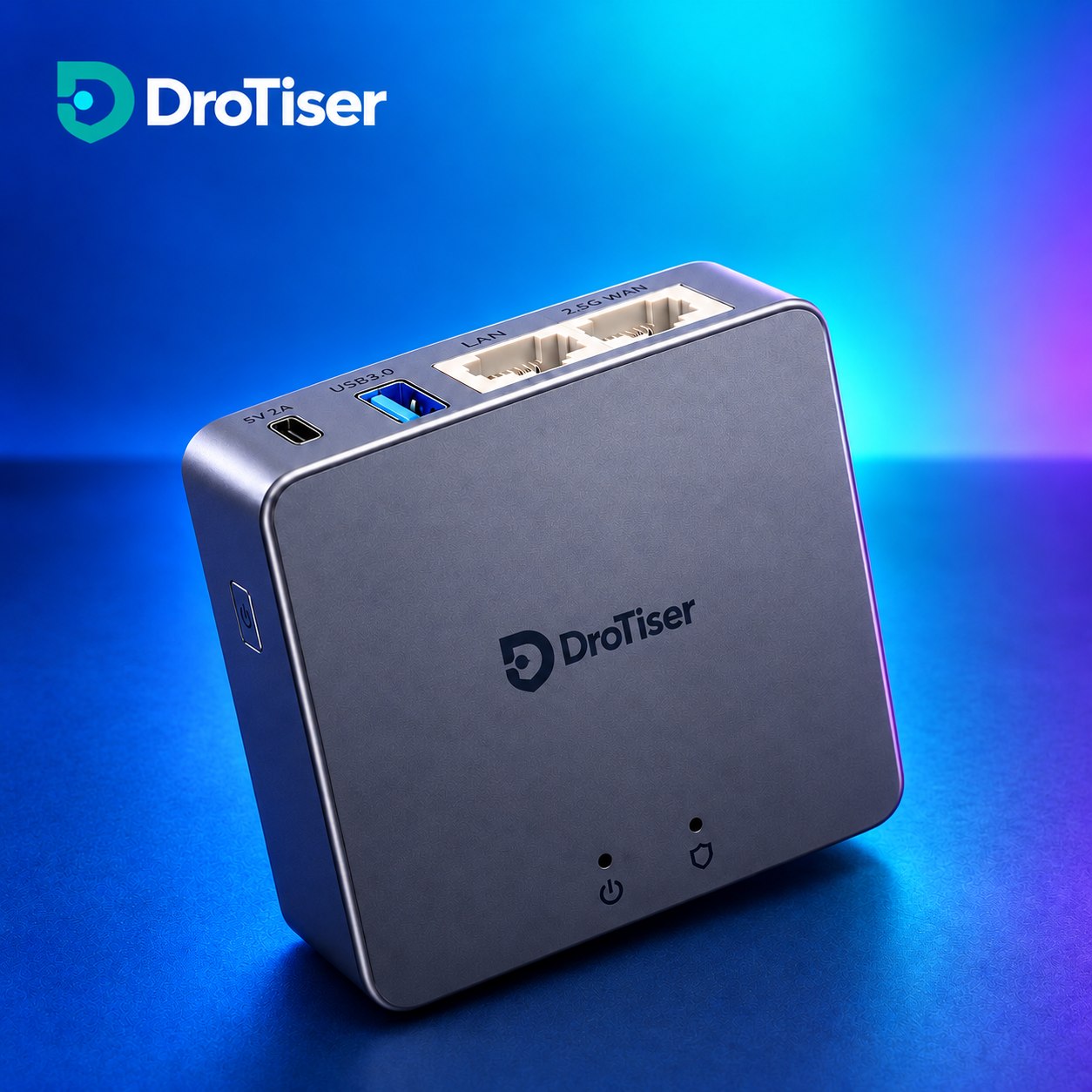 Approved graphite DroTiser network device against teal and blue gradient background