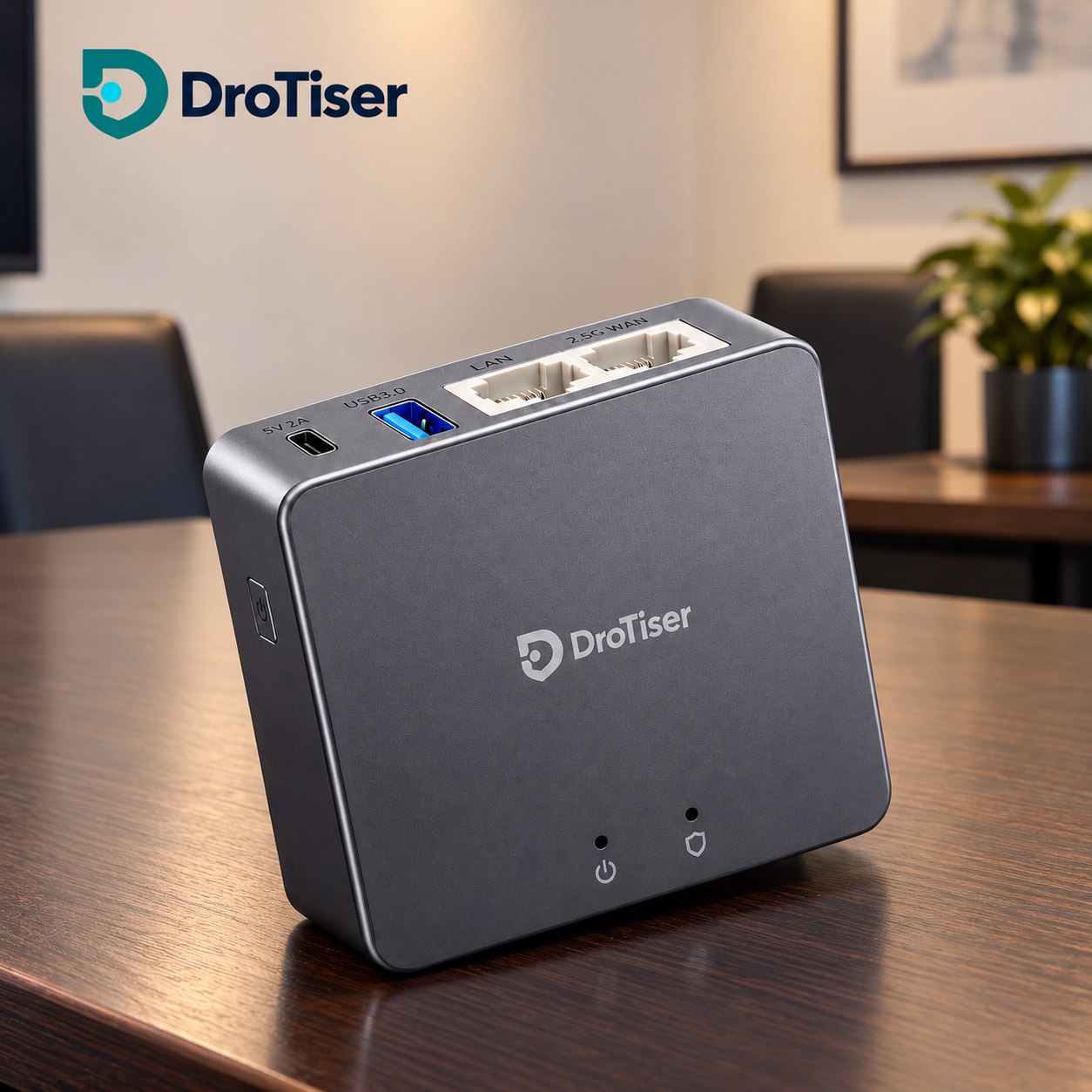 Close-up of approved DroTiser graphite security device showing LAN and WAN connectors